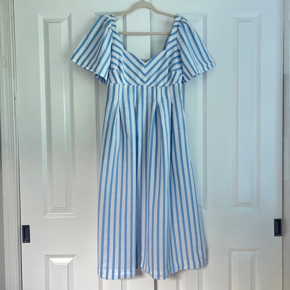 A New Day Blue White Striped Sweetheart Neck Cotton Cottage Midi Dress Size 10 - Picture 2 of 9